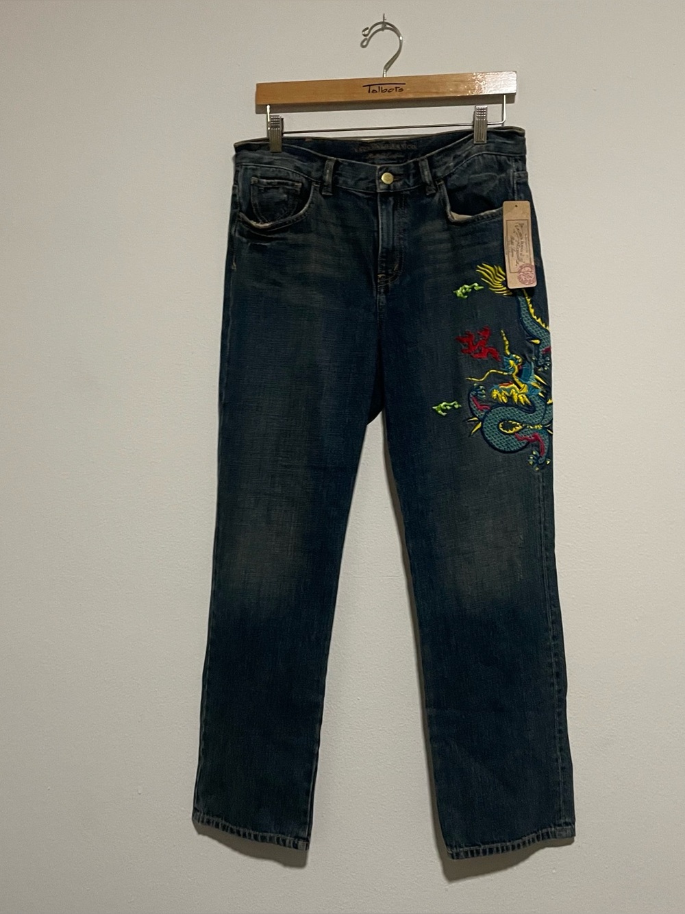NWT Ralph Lauren Jeans Co Y2K Dragon Embroidered Denim Distressed Jeans, Size 8P